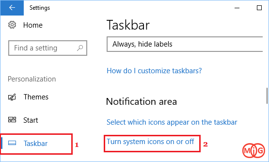 گزینه Turn system icons on or off