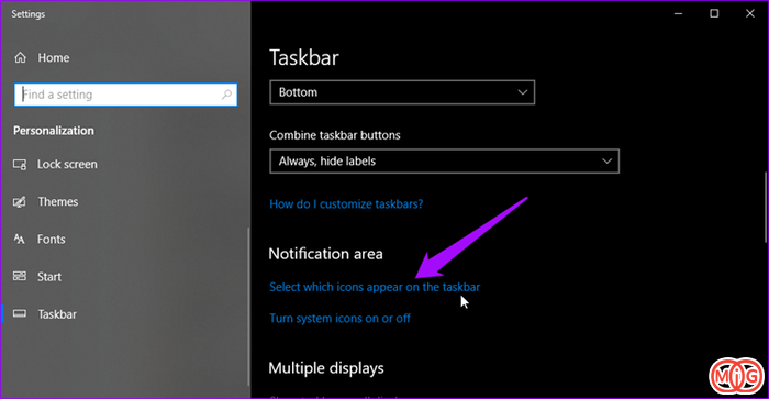 Select which icons appear in the taskbar