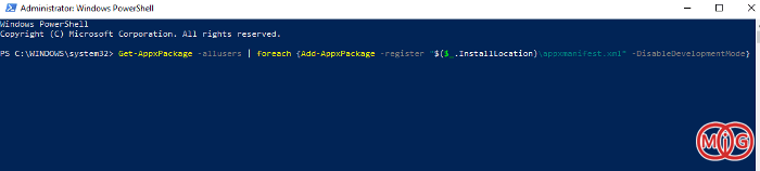 Get-AppXPackage | Foreach {Add-AppxPackage -DisableDevelopmentMode -Register "$($_.InstallLocation)\AppXManifest.xml"}