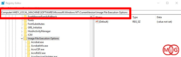 HKEY_LOCAL_MACHINE \ SOFTWARE \ Microsoft \ Windows NT \ CurrentVersion \ Image File Execution Options