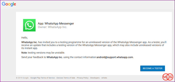 tester for the WhatsApp Messenger app