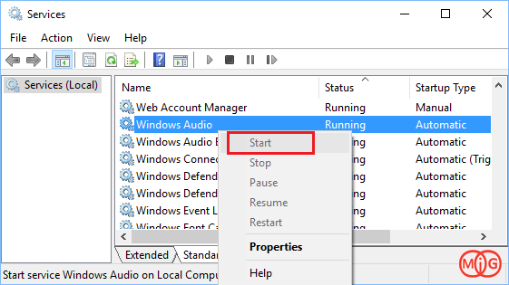 ریستارت کردن Windows Audio Service
