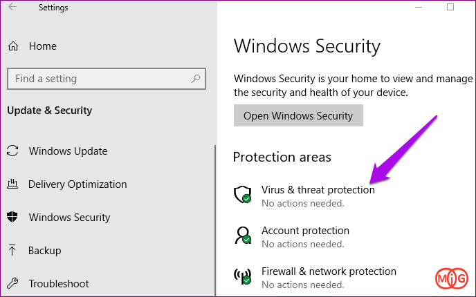 Settings>Update & Security>Windows Security>Virus and Threat Protection
