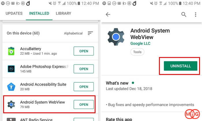 حذف برنامه Android System Webview