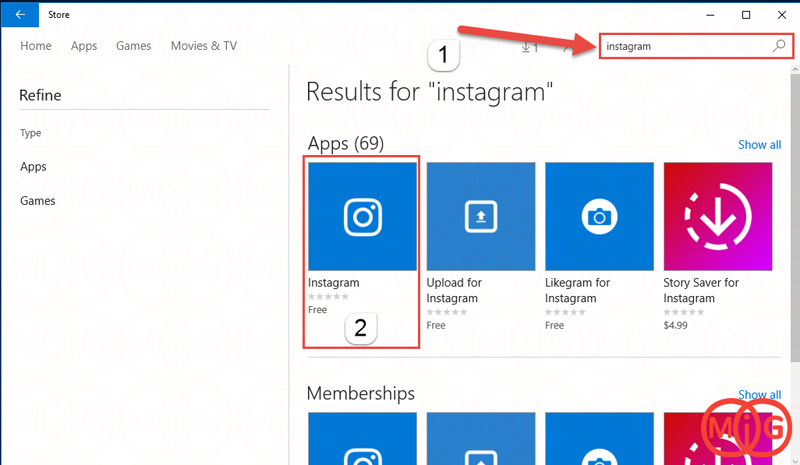 در قسمت جستجو برنامه Windows Store عبارت instagram را تایپ کنید.