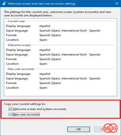 در زیر قسمت Copy your current settings to گزینه Welcome screen and system accounts و New user accounts را تیک بزنید.