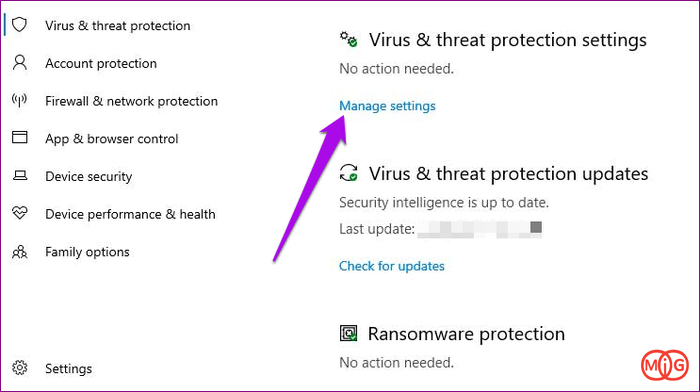 Virus and Threat Protection settings
