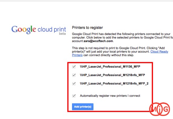 انتخاب چاپگر Google Cloud Print در کامپیوتر 