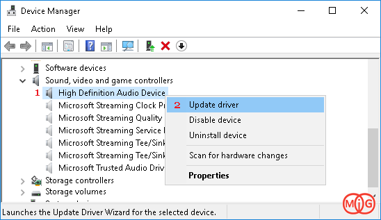 بر روی High Definition Audio Device راست کلیک کرده و گزینه Update Driver را انتخاب کنید.