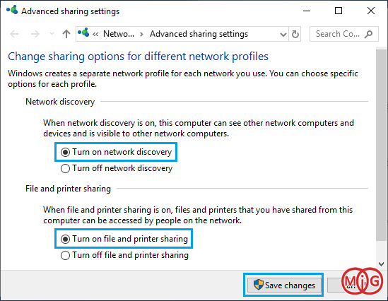 گزینه های Turn ON Network Discovery و Turn On File and printer sharing
