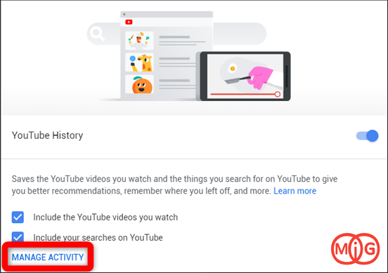 به قسمت YouTube History اسکرول کرده و Manage activity را انتخاب کنید.