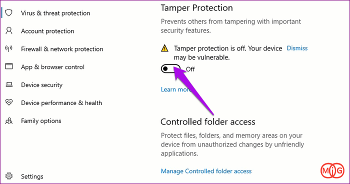 Tamper Protection switch to On