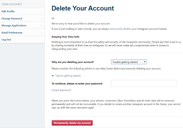 حذف دائمی اکانت اینستاگرام حذف دائمی اکانت اینستاگرام